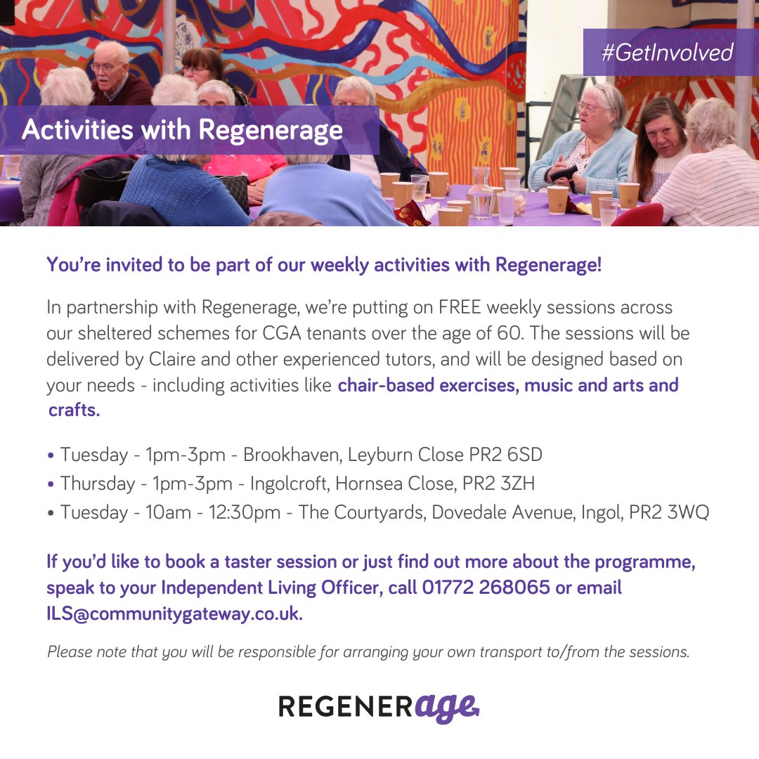 In partnership with Regenerage, we have weekly sessions running across our sheltered schemes for our tenants aged 60+. For more information or to book onto a session email ILS@communitygateway.co.uk or call 01772 268065.