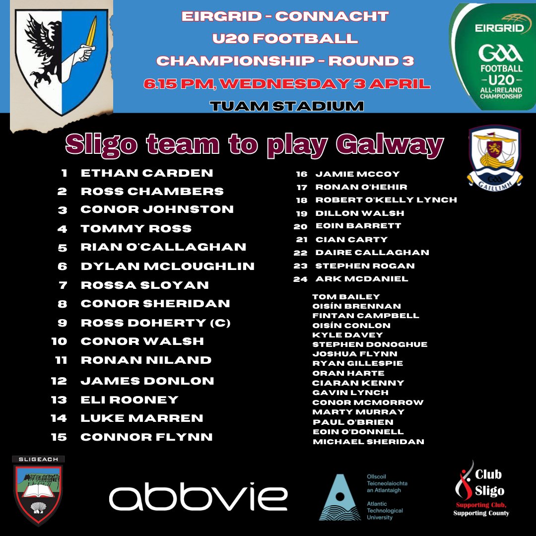 The U20 football team to play @Galway_GAA in Tuam Stadium in R.3 of @EirGrid @ConnachtGAA championship this evening - throw in 6.15. Tickets in advance only, online universe.com/events/eirgrid…