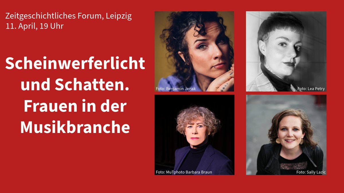 #Leipzig. 11. April, 19 Uhr: 'Scheinwerferlicht und Schatten. Frauen in der Musikbranche' im #ZeitgeschichtlichesForumLeipzig. Sookie, Eva Klesse & Barbara Thalheim diskutieren über Diskriminierung, Stereotype & Fortschritte. Moderation: @Nasti_vdWeyden ➡ hdg.de/zeitgeschichtl…