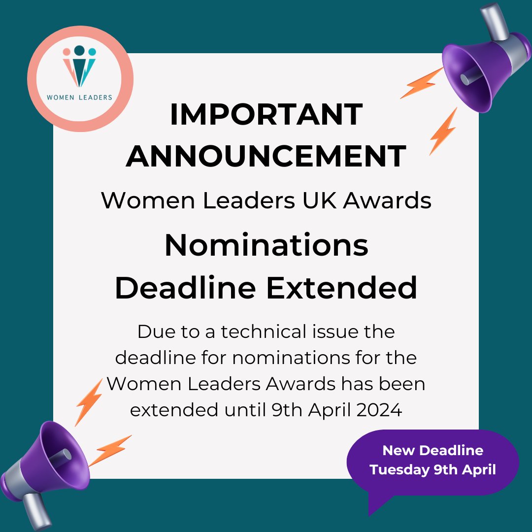 🚨 The deadline for nominations has been extended to 9th April Please check the website for FAQs  womenleadersuk.org/nominations-pa… Please submit all nominations and supporting testimonials by email to admin@womenleaders.co.uk