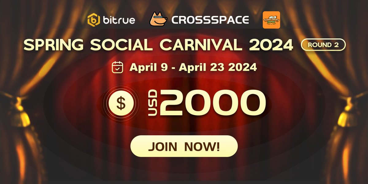 Hey Homie💙🧡 @BitrueOfficial X @CSpaceOfficial X @townstorygamefi Carnival Event Coming Soon🌺 Join us for an unforgettable experience at Spring Social Carnival 2024 (Round 2)🎪🎊 📅Duration: April 9 - 23, 2024 (2 weeks) 🎁Prize: Stablecoins, tokens, and equivalent assets…