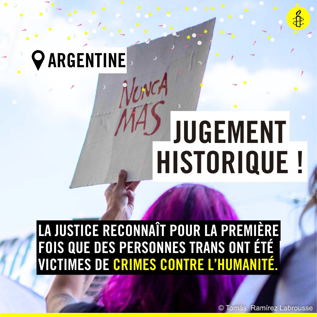 #Argentine 🇦🇷 : C'est la première fois au monde que les violences subies par les personnes #trans 🏳️‍⚧️ sont reconnues comme un crime contre l’humanité dans un jugement historique. 🧵⤵️ 👉 instagram.com/p/C5Sz8GqNuyn/… #NuncaMás @amnistiaar 🙌💜✨️