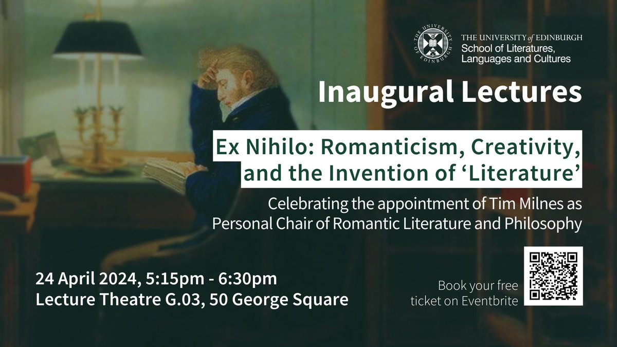 If you find yourself in Edinburgh on 24th April, you could do worse than drop by my free public inaugural lecture on how the Romantics invented Literature. Come for the talk, stay for the drinks and nibbles. eventbrite.co.uk/e/inaugural-le…