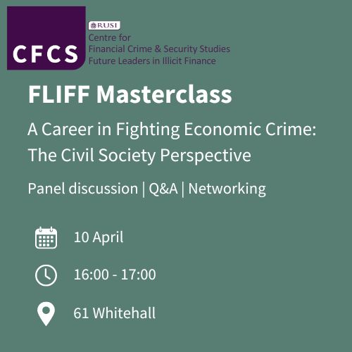 🤔Interested in joining the fight against #EconomicCrime? Looking for a civil society career? Then we have the perfect event for you! Join our Executive Director @susanpjhawley & @rachelcerysd of @TransparencyUK at this great @CFCS_RUSI event next week. my.rusi.org/events/fliff-m…