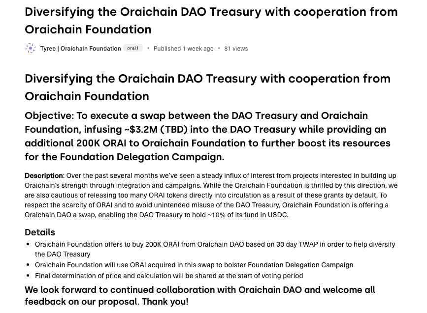 $ORAI | <a href="/oraichain/">Oraichain</a> 

#DeAi is a hot topic and should extend beyond code to include sustainability and infrastructure with teams and community. $ORAI DAO Treasury currently sits at approx $28m with conversations already to diversify holdings and useage.

➡️tinyurl.com/5hmv38d4