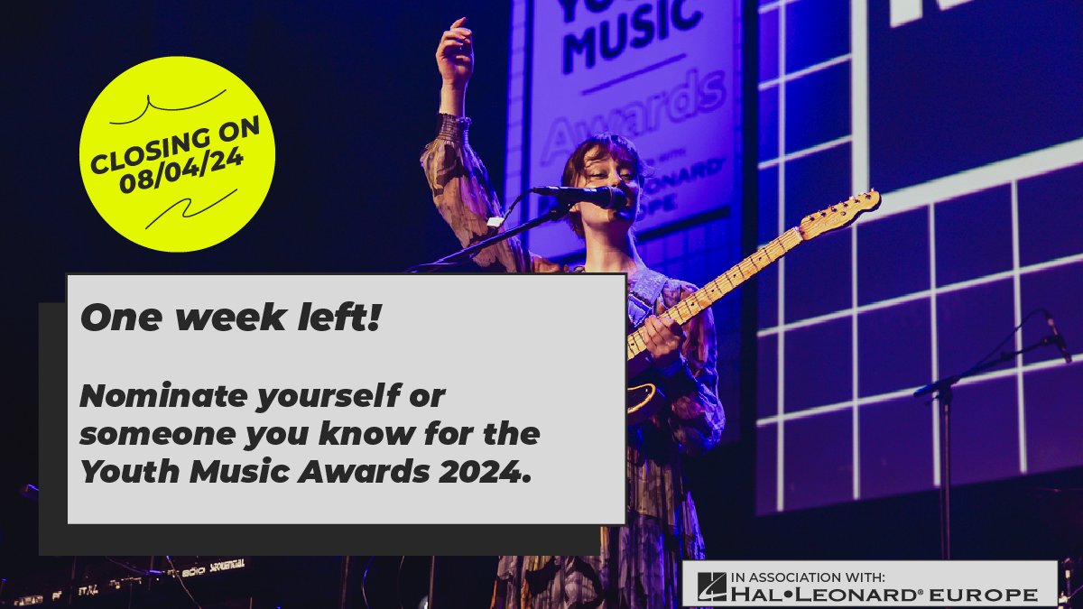 Less than one week remaining ⌛ Nominations for the Youth Music Awards 2024 close on 8th April. Have you submitted your application yet? youthmusic.awardsplatform.com