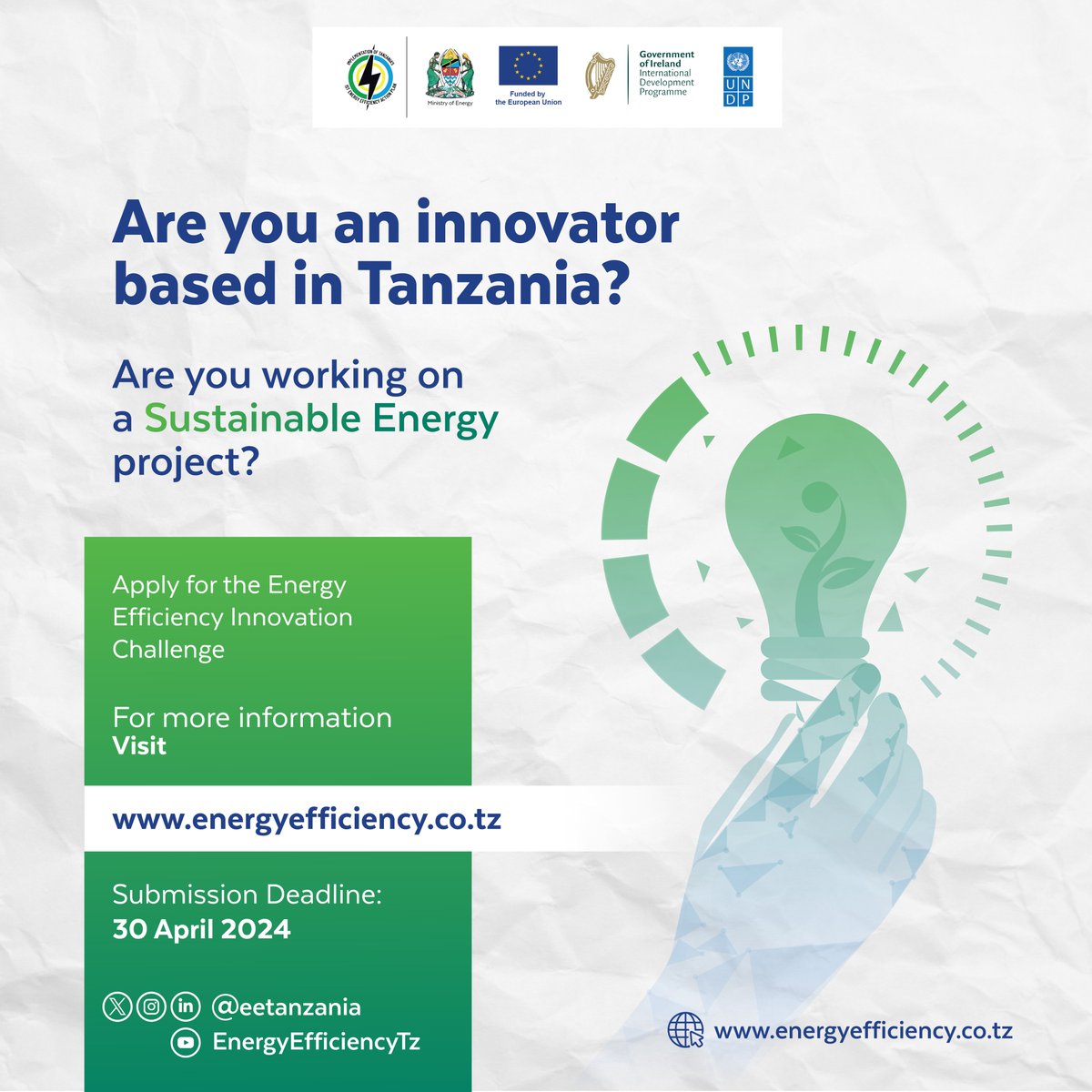 📢Calling all Tanzanian innovators! 🇪🇺 We are excited to support @undptz and @nishati2017's Energy Efficiency Innovation Challenge. Submit your proposal for a chance to win funding and expert support to bring your idea to life! Learn more and apply ⤵️ docs.google.com/forms/d/e/1FAI…