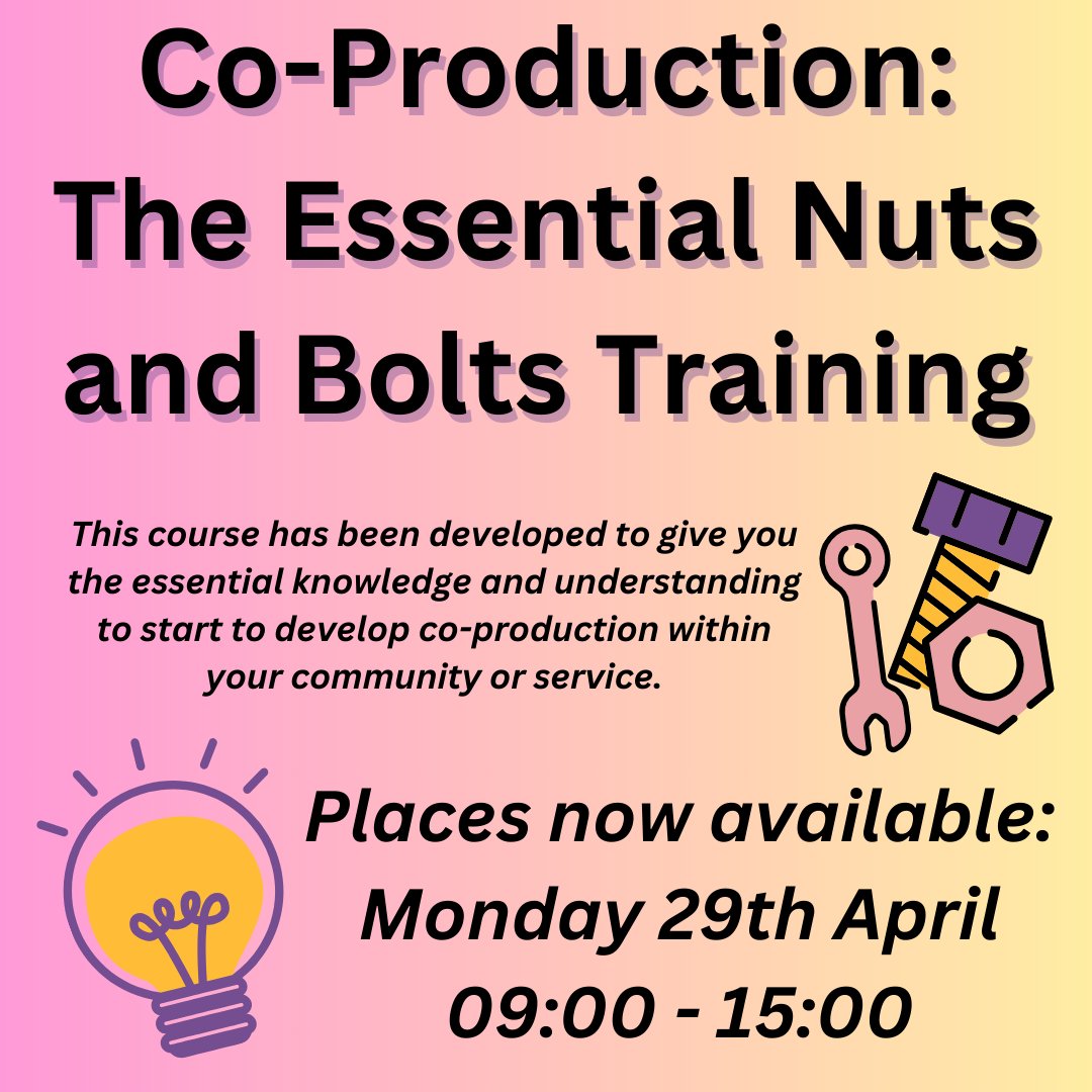 Our next training course is on Monday 29th April and is our rather fantastic, Co-Production: Essential Nuts and Bolts 💡

Find out more here: eventbrite.co.uk/e/co-productio…

#coproduction #opportunity #livedexperience #training #expertlink