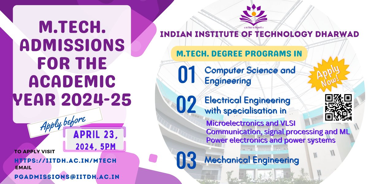 Exciting news for engineering enthusiasts! IIT Dharwad is now accepting applications for M.Tech. programs for the academic year 2024-25. This is a fantastic opportunity to pursue higher studies in one of the most renowned institutions in India. Apply now to