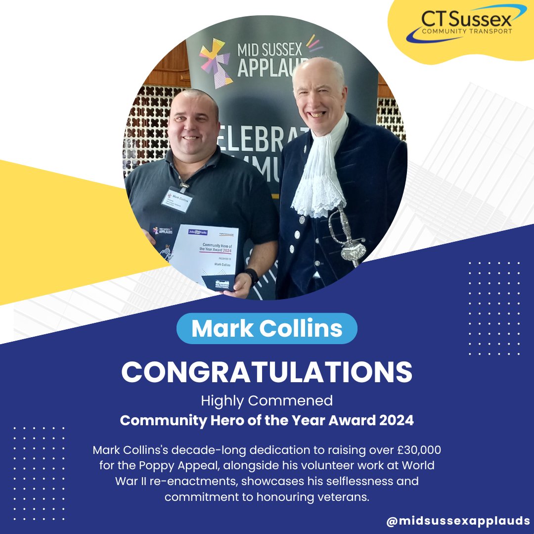 We are so proud of Mark Collins, our Fleet Manager, for his well-deserved recognition for his voluntary efforts in supporting veterans. @midsussexapplauds allows the public to nominate unsung heroes in our community so Mark we salute you!