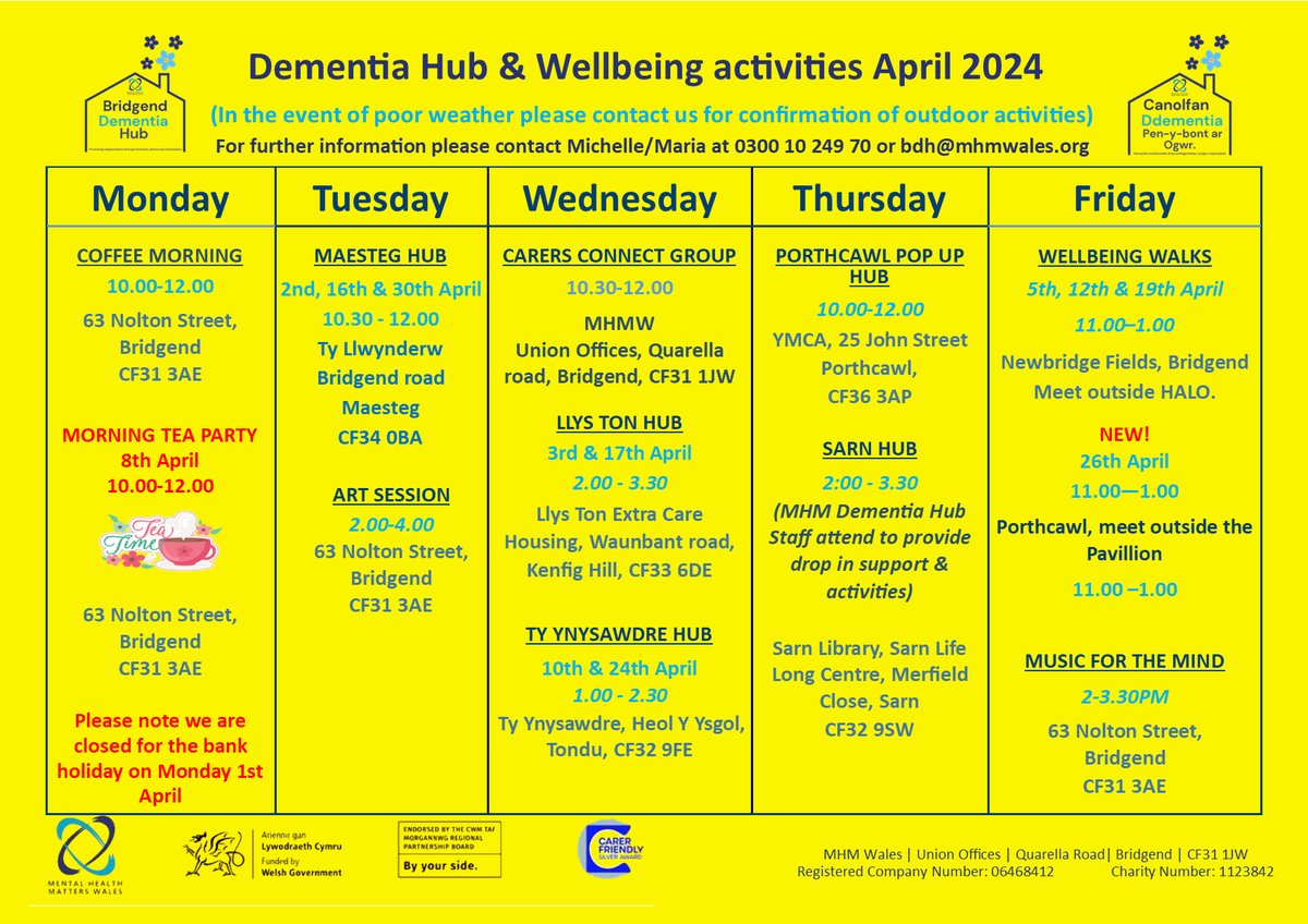 Our #dementiahub in #Bridgend offers a wide variety of support throughout the borough for all those living with dementia & their #carers.  No need to book, just pop in to our sessions. Warm & friendly atmosphere & hot drinks supplied.  #bdh #dementia #dementiaservices #community