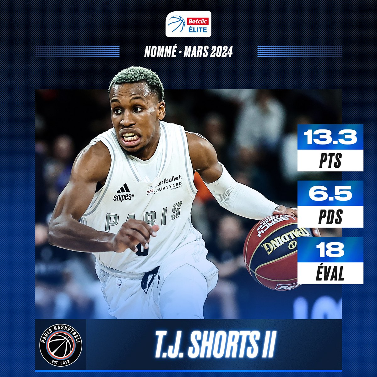 🏆🏆 T.J. Shorts pour le back to back ? 👑 Joueur du mois en février, le meneur du @ParisBasketball est dans les nommés pour mars ! 1 RT = 1 vote #JDMBetclicELITE