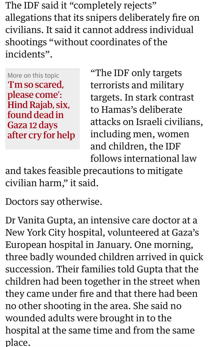 The Guardian just released a report yesterday on Israeli snipers targeting Palestinian children. Bears repeating - this is a genocide of children. If the purpose of a genocide is the eradication of a people, then what better way than to kill, maim & traumatize their children?