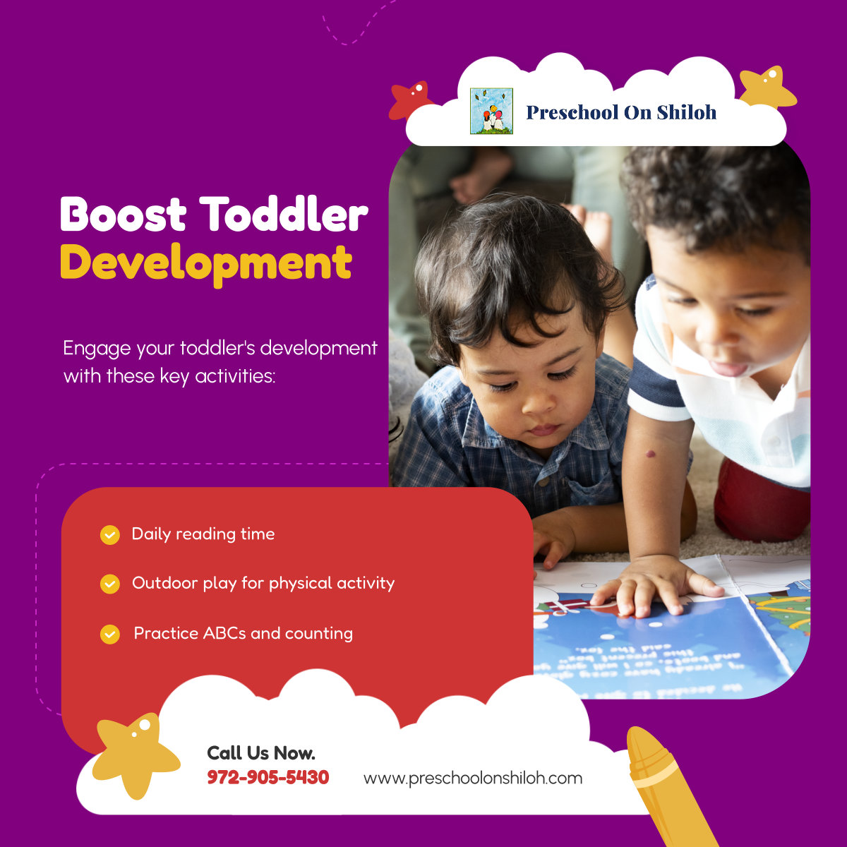 Maximize your toddler's potential with these simple yet effective activities. Start today for a brighter tomorrow! 

#GarlandTX #ChildCare #ToddlerDevelopment