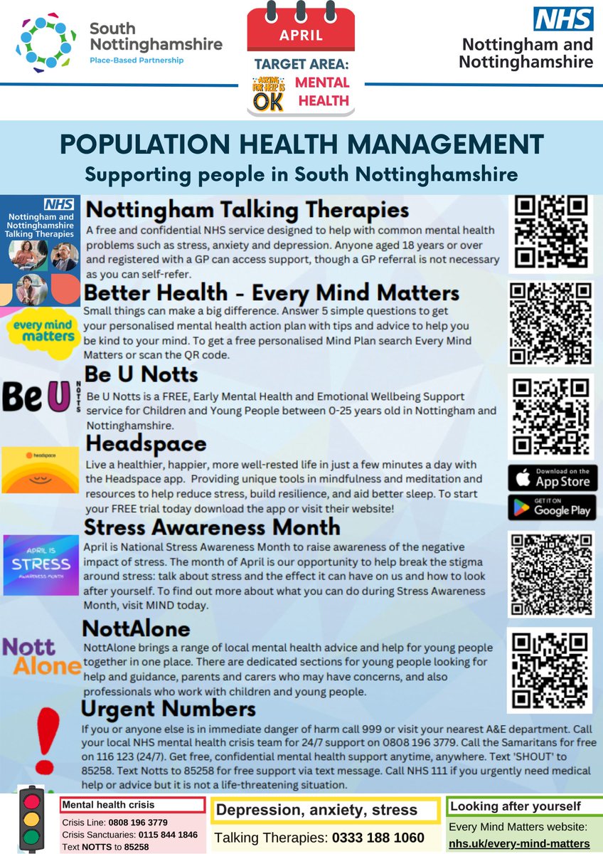 Supporting People with Mental Health Nottingham Talking Therapies Better Health – Every Mind Matters Be U Notts Headspace Stress Awareness Month NottAlone Urgent Numbers Traffic Light Signposting. @SouthNottsPBP @NHSNotts @NHSNottsCounty