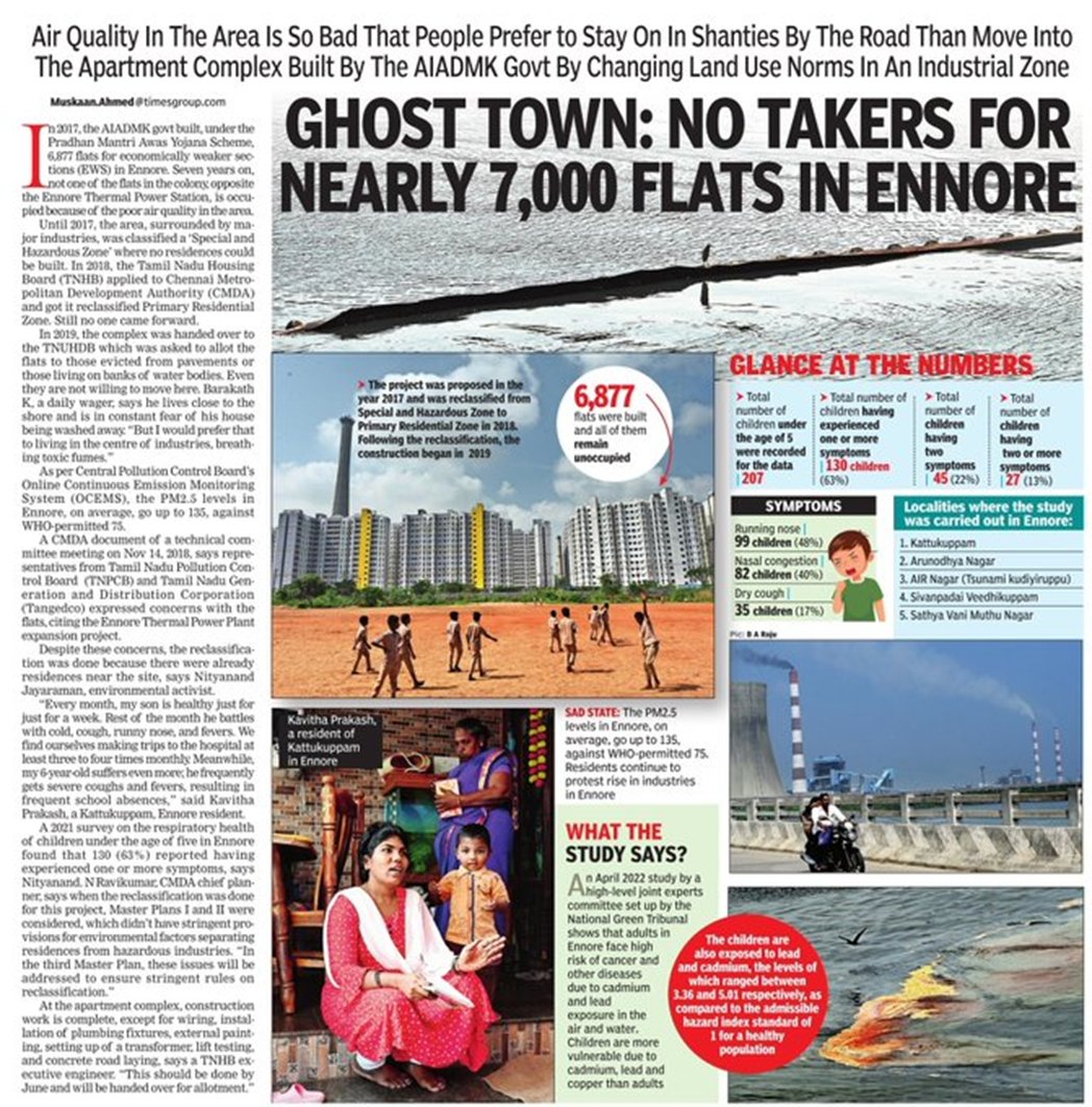 No takers for nearly 7000 flats in Ennore: Air Quality in the area is so bad that people prefer to stay in shanties by the road than move into the apartment complex built by the ADMK govt by changing Land Use norms in an Industrial Zone.