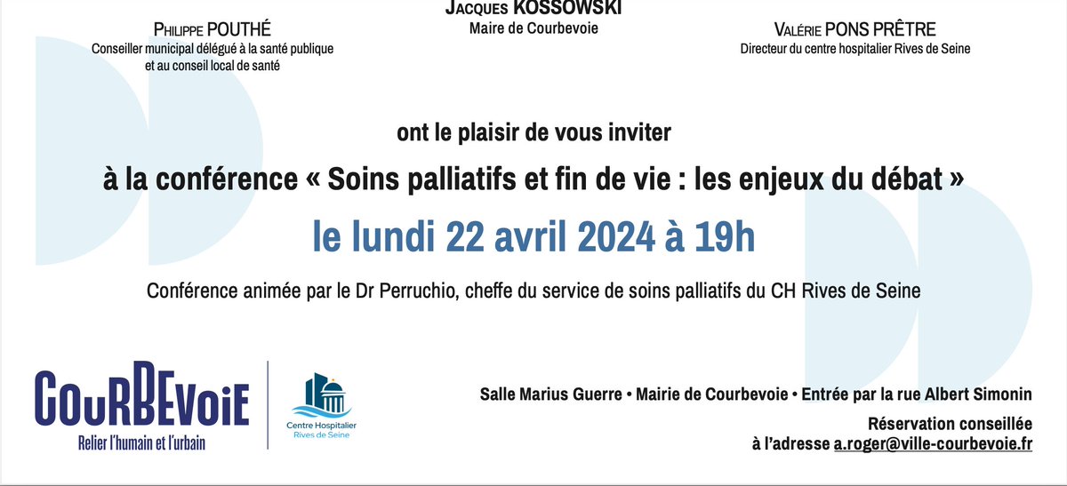 [CONFERENCE] Ségolène Perruchio, vice-présidente de la SFAP, interviendra le 22 avril à 19h à la Mairie de <a href="/VilleCourbevoie/">Ville de Courbevoie</a> pour une conférence "Soins palliatifs et fin de vie: les enjeux du débat"
Présentation des soins palliatifs, introduction au dispositif légal, présentation
