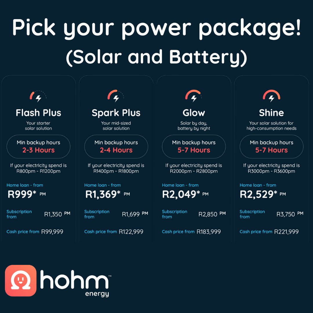 ⚡️🔋 From maximizing energy independence to optimizing savings, we've got the perfect package to suit your needs. Explore our solar subscriptions today! #SolarPower #RenewableEnergy #HohmEnergy hohmenergy.co.za/?utm_source=tw…