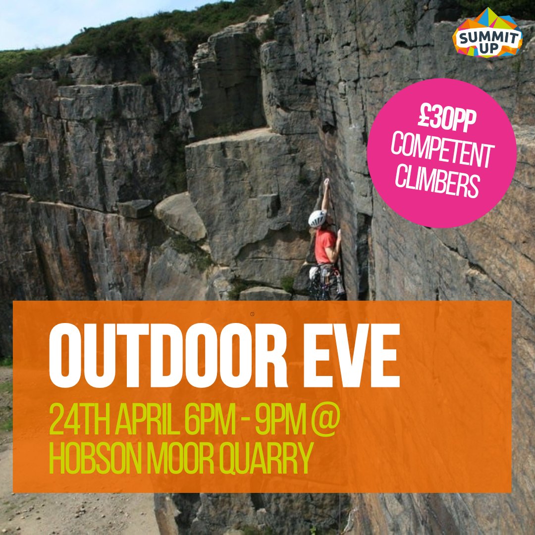 Take your skills outside! Join Summit Up at Hobson Moor Quarry on Wednesday 24th April from 6pm - 9pm. The cost is £30pp and there is a backup date of 1st May in case of bad weather. Places are limited so please book early. To book call the centre on 0161 820 8750.