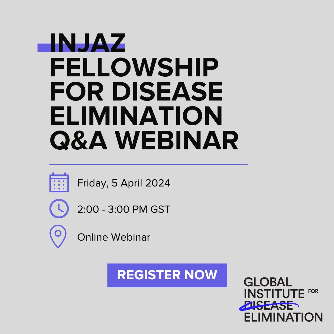 Got questions about our Injaz Fellowship for Disease Elimination? Join our Q&A Webinar! Learn about the program and get answers. 

📅 Date: April 5, 2024 | 🕒 Time: 2:00-3:00 PM GST 
Register now➡️ ow.ly/xT0850R7iaV
#InjazFellowship #GlobalHealth