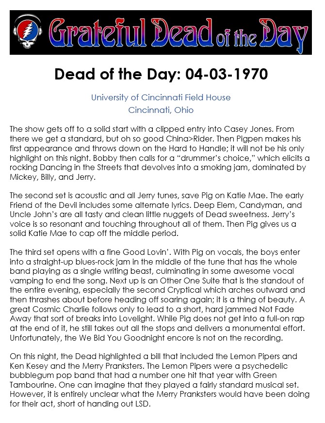 #UpNext on GDRADIO.NET
(at around 3:30pm eastern / 12:30pm pacific)
★ 1970-04-03 at the U of Cincinnati Field House in Cincinnati, OH ★
#OTD #DeadOTD #DeadHeads #GratefulDead #gratefuldeadmusic
(content courtesy of gratefuldeadoftheday.com)