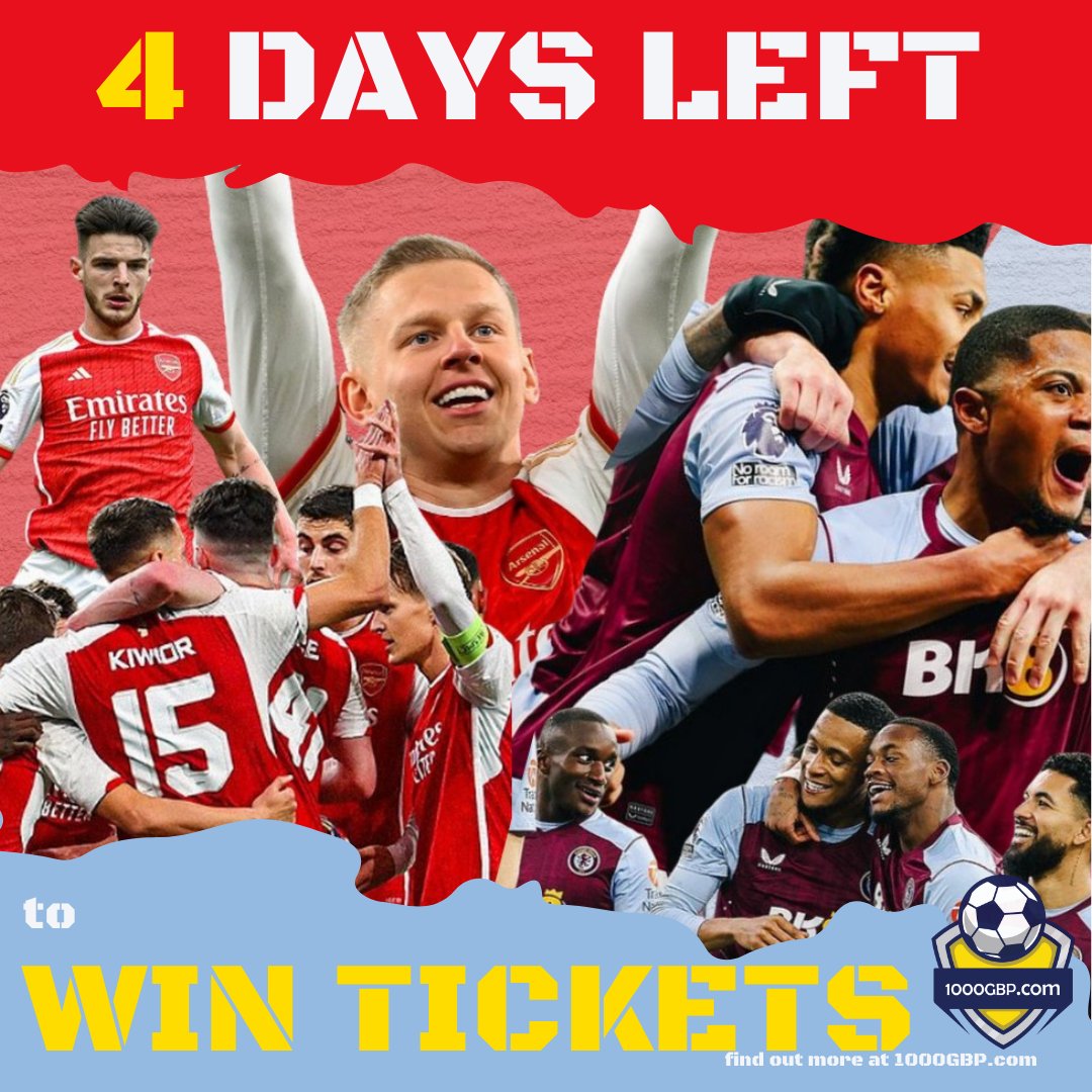 ⏰ Only 4 days left to score Premier League tickets for Arsenal vs Aston Villa! Don't miss out – play our quiz now at 1000gbp.com for your chance to win! ⚽🎟 @Arsenal @AVFCOfficial #PremierLeague #WinWith1000GBP #PremierLeaguetickets #ArsenalTickets #Afctickets…