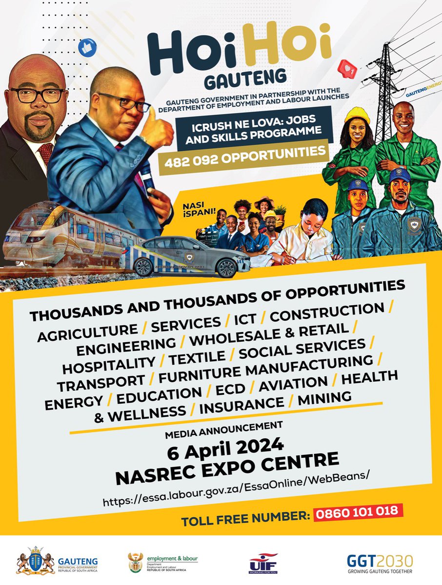 The @GautengProvince, together with the @deptoflabour & @UIFBenefits have come together to form a massive Jobs & Skills Programme for people of all ages in Gauteng townships. Premier @Lesufi will this Saturday, 6 April, hold a media briefing to unpack the programme. #iCrushNeLova