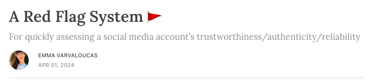 The Progress Network (@progressntwrk) on Twitter photo "I canโt scroll far...without seeing a post on dating red flags versus green flags, but essentially no social media content exists for how to evaluate other social media content," writes TPN director <a href="/heyemmavarv/">Emma Varvaloucas ๐บ๐ธ๐ฌ๐ท</a> on how to spot a green flag news source.
emmaexplains.substack.com/p/a-red-flag-sโฆ "I canโt scroll far...without seeing a post on dating red flags versus green flags, but essentially no social media content exists for how to evaluate other social media content," writes TPN director <a href="/heyemmavarv/">Emma Varvaloucas ๐บ๐ธ๐ฌ๐ท</a> on how to spot a green flag news source.
emmaexplains.substack.com/p/a-red-flag-sโฆ