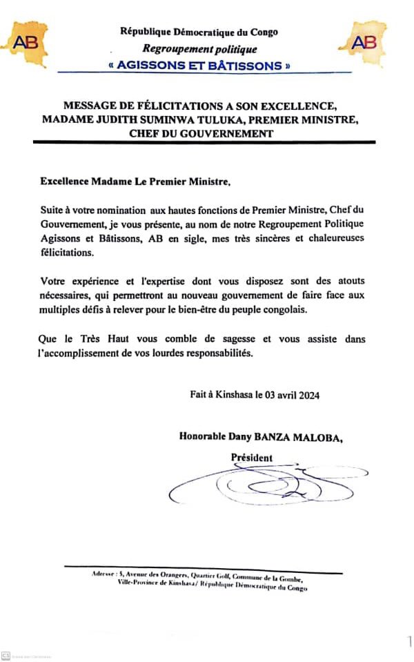 #RDC Message de félicitations adressé au premier ministre de notre pays. madame JUDITH TULUKA par le président du regroupement Agissons et bâtissons l’ambassadeur DANY BANZA MALOBA. Fructueux mandat 🇨🇩🇨🇩