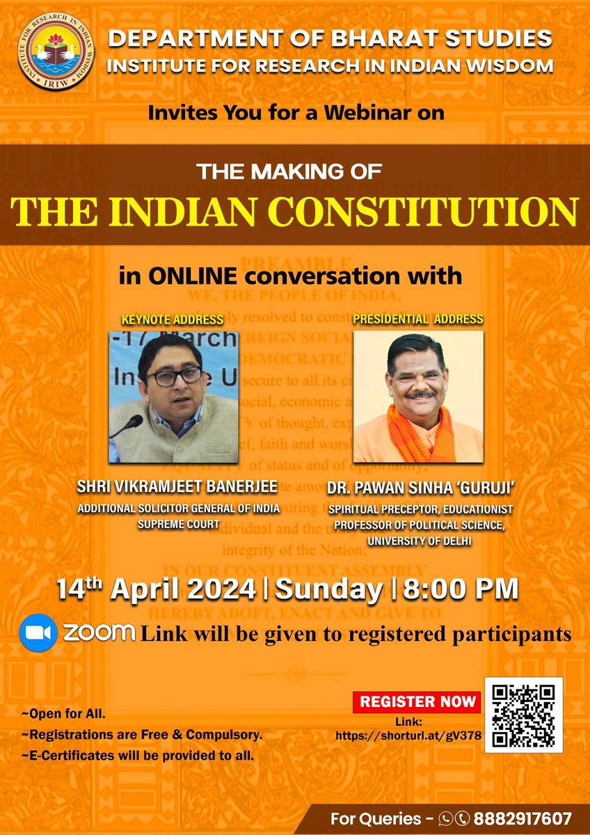 This Ambedkar Jayanti, on the 14th of April 2024, the Department of Bharat Studies, IRIW, is organizing a webinar on the Making of the Indian Constitution with Shri Vikramjit Banerjee, Additional Solicitor General of India, as the keynote speaker and for the Presidential address,…