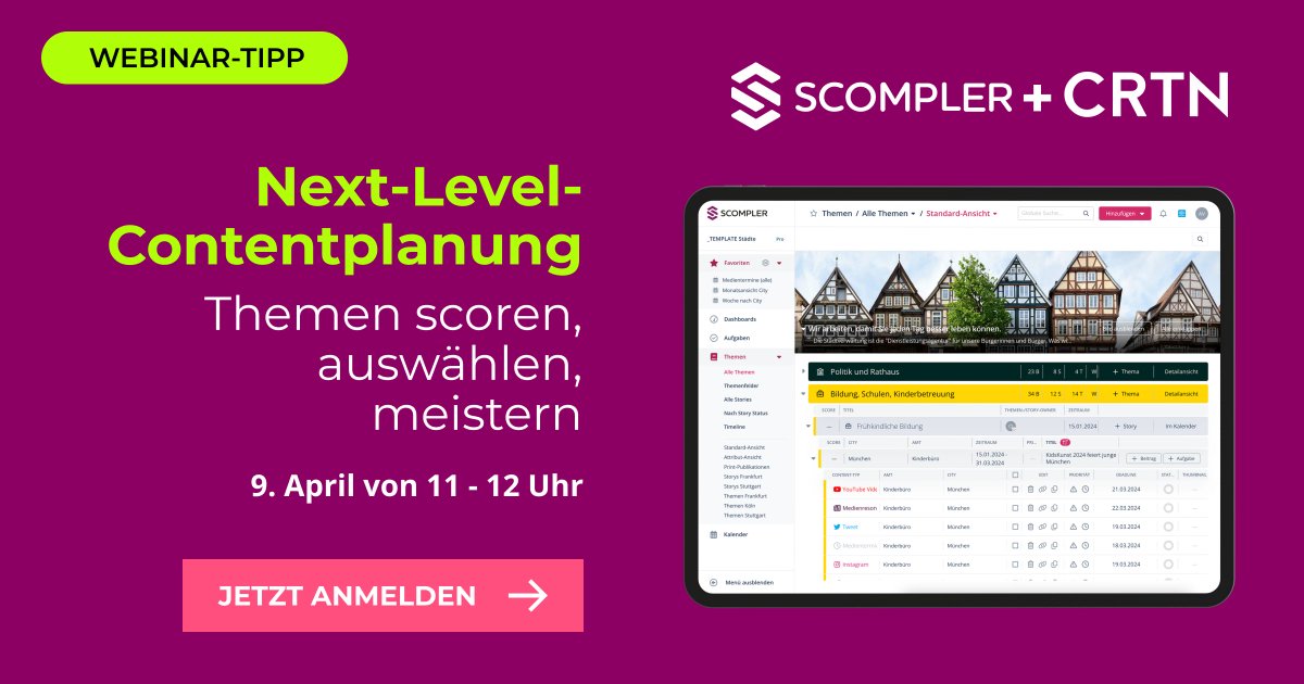 Schluss mit kanalorientierter Kommunikation - auf die Themen kommt es an! Nur noch wenige Tage bis zum Webinar zur explorativen Themenanalyse. Profitiert von datenbasierten Insights und Content Scoring, um Eure Botschaften zu stärken. Jetzt anmelden! hubs.ly/Q02qBxfM0