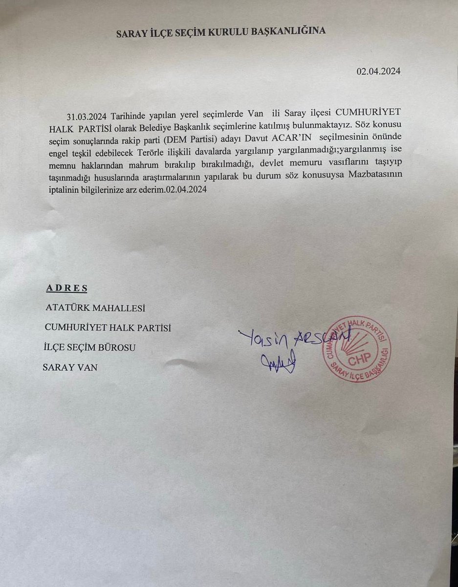 Van Saray’da DEM Parti kazanıyor, 2. sırada CHP var.

CHP, DEM Parti Adayı Davut Acar’ın seçilmesi yönünde engel var deyip mazbatasının verilmemesi için seçim kuruluna başvuru yapmış.

CHP’nin başvurusu kabul edilirse mazbata CHP’ye verilecek.