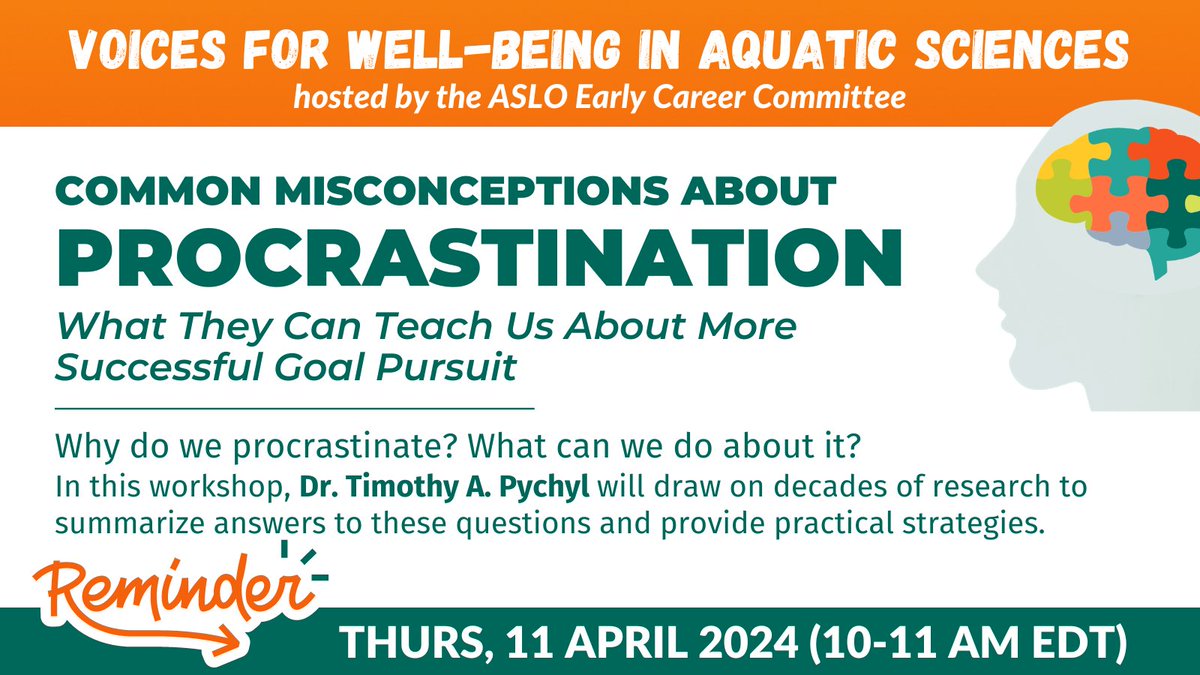 📢 Remember to sign up for the upcoming #ASLO_ECC 'Voices for Well-Being' Webinar to learn more about practical strategies on how to deal with #Procrastination! 🗓️ Register for the workshop on 11 April @ 10 AM EDT ✅ aslo.org/voices-for-wel… #ASLO