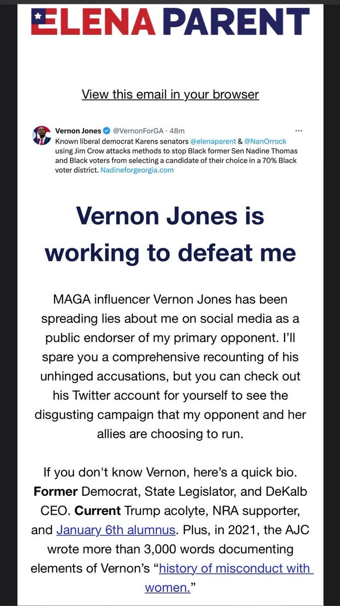 NO Elena, NADINE THOMAS is working to DEFEAT YOU!!! #ElenaParent VERNON JONES is NOT on this ticket & we will NOT be distracted by your desperate attempts to block a Black candidate from running in a predominately Black district. Elena sent this pathetic email out to Black