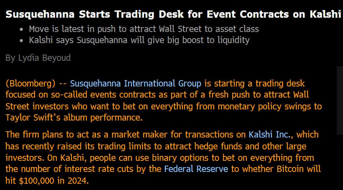 Today marks a pivotal moment for @kalshi and prediction markets: Susquehanna (SIG), becomes the 1st institutional market maker to commit to Kalshi. Prediction markets have (finally) surmounted their most elusive challenge: liquidity. With ~$2 Trillion in yearly volume, SIG is…