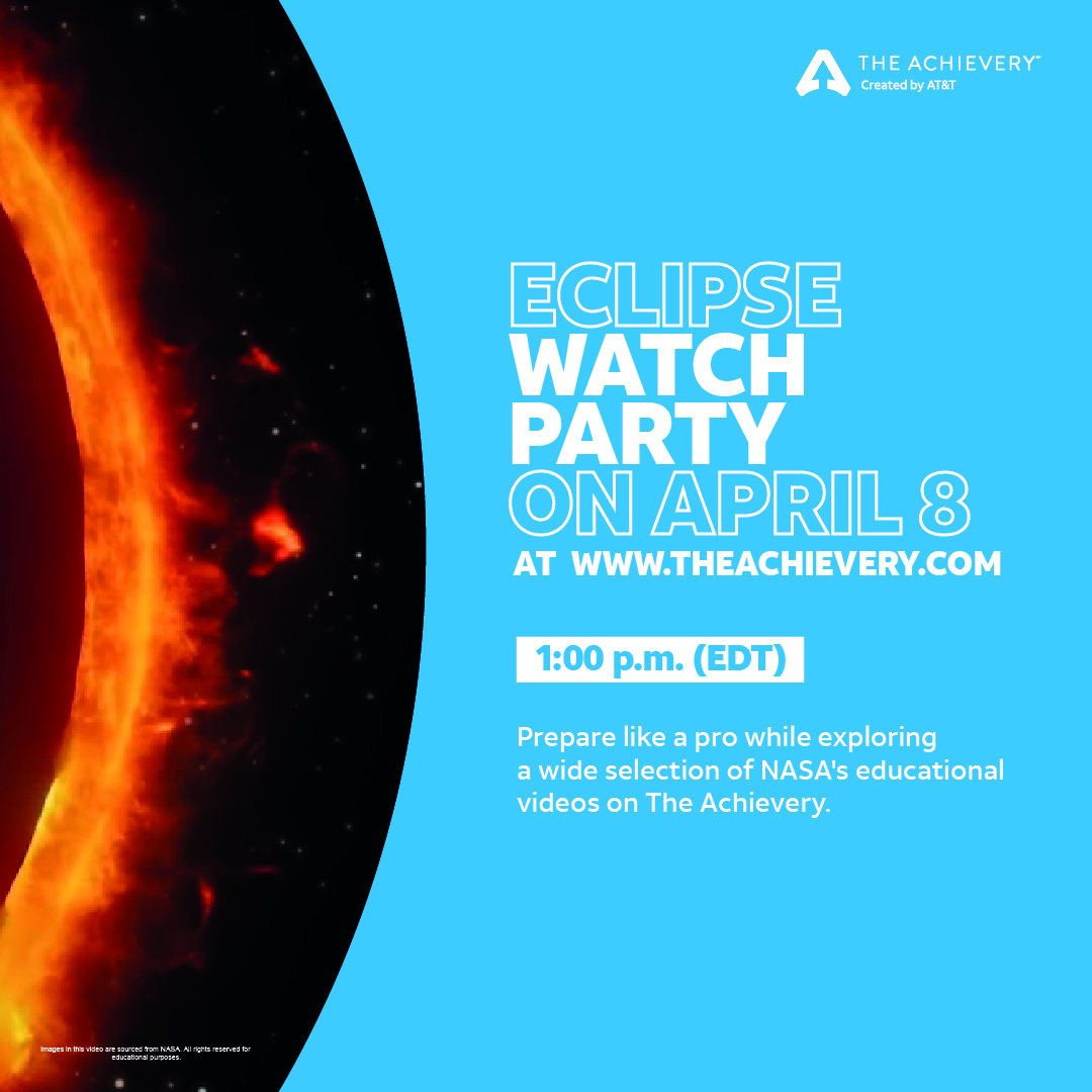 🌘 Mark your calendars! Join us on April 8th at 12:00 p.m. CT to catch the eclipse live with @ATTImpact and @NASA. Prepare like a pro by watching eclipse videos and science content on The Achievery. bit.ly/4ckYty1