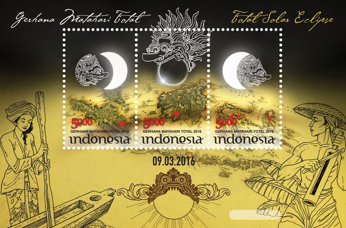 A series of stamps released by Pos Indonesia in 2016, depicting the myth of eclipse in various regions of Indonesia: Batara Kala swallowing the sun. The man and the woman make noises with their tools as an old eclipse ritual to chase away the evil energy. 1/3 #WyrdWednesday