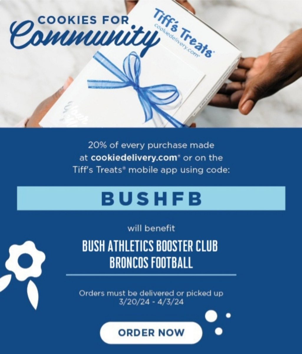 Today is the LAST DAY for the Broncos Football Cookies for Community Fundraiser! Please use code BUSHFB at checkout & Tiff's Treats will donate 20% of the proceeds to the football program. Place orders at cookiedelivery.com or through their mobile app. #bushbroncos