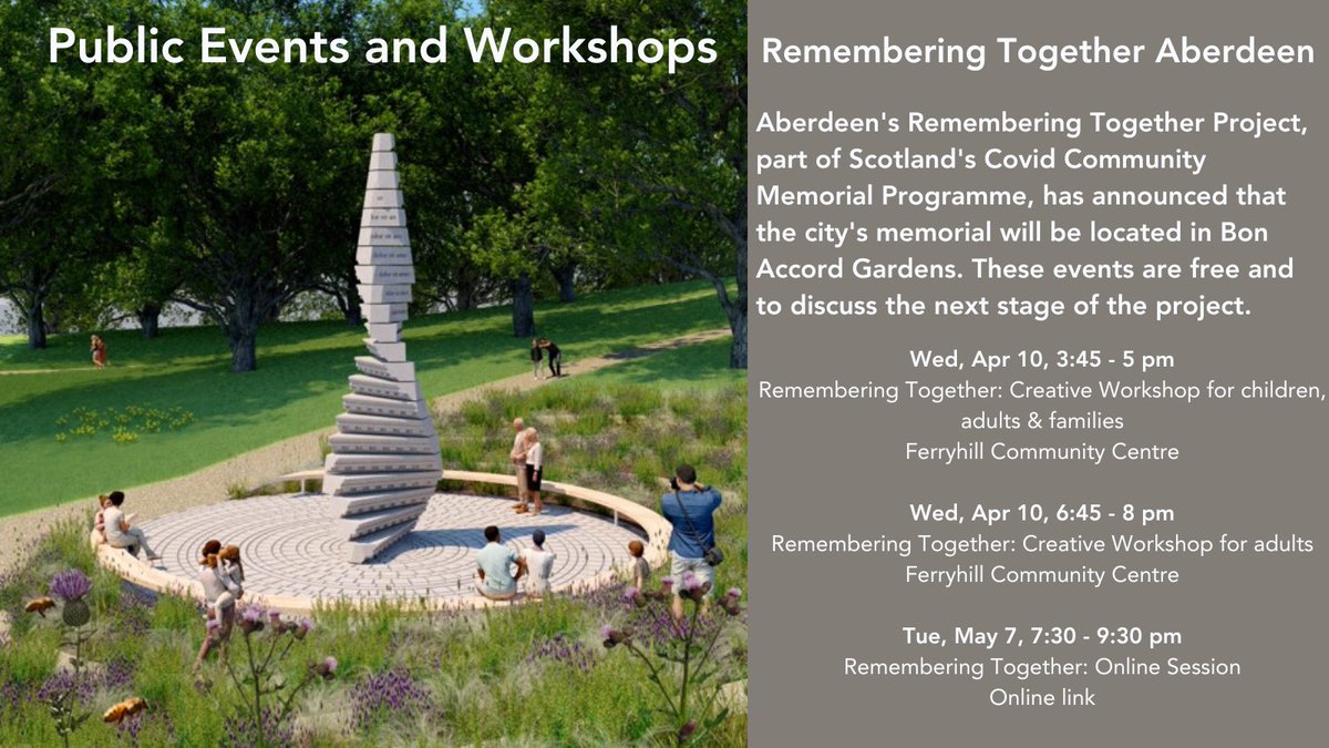 Aberdeen's Remembering Together Project, part of Scotland's Covid Community Memorial Programme, has announced the next stage of development. There are Creative events for children, adults & families with a chance to discuss the project. ✍️Sign up here: eventbrite.com/cc/remembering…