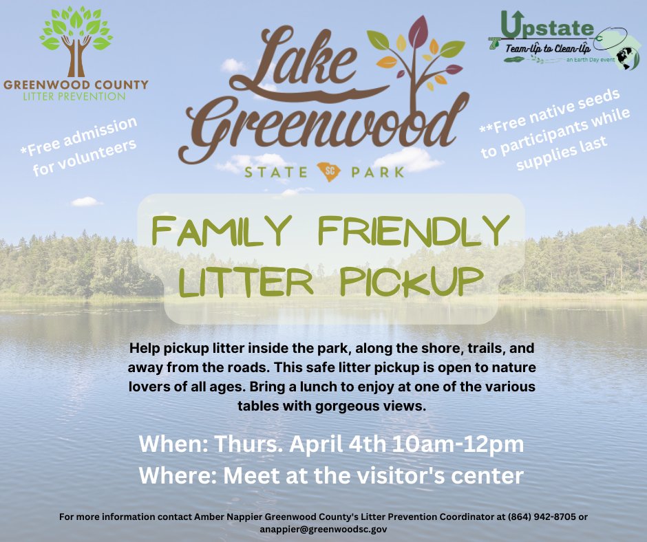 📢 Friendly Reminder! Don't forget about our family-friendly litter pickup event happening TOMORROW from 10 a.m. to 12 p.m. at Lake Greenwood State Park! Plus, participants will receive FREE native seeds (while supplies last) to kickstart their own green projects at home! 🌱