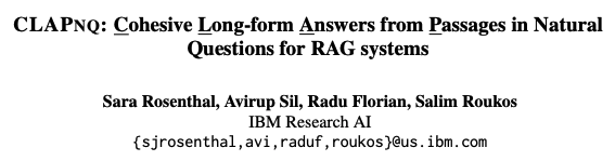 seirasto's tweet photo. Very excited to present 👏 ClapNQ our new benchmark dataset for RAG systems!  Check out our GitHub: https://t.co/3vxMx09MRG and Paper: https://t.co/twLoU5u6YK and let me know what you think! #CLAPNQ #RAG #dataset #NaturalQuestions @aviaviavi__ https://t.co/b43gQpOhA2
