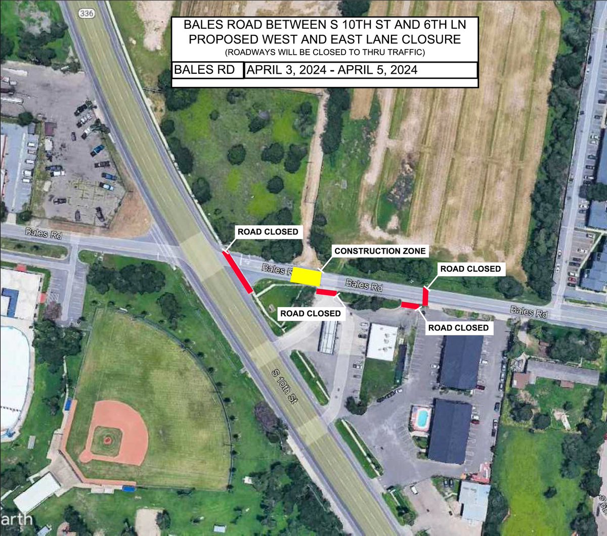 Road Closure for Bales Rd. Quinta Mazatlan Drainage Improvements: Roadway will be closed to all through traffic between S 10th St. and S 6th Ln., beginning on Wednesday, April 3, 2024, and expected to be completed by Friday, April 5, 2024.