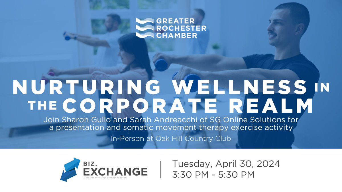 In today's fast-paced business environment, finding equilibrium between professional and personal well-being is essential. Join us to take care of your mind and body on 4/30 with a presentation and somatic movement therapy exercise. Learn more & register: my.greaterrochesterchamber.com/calendar/Detai…