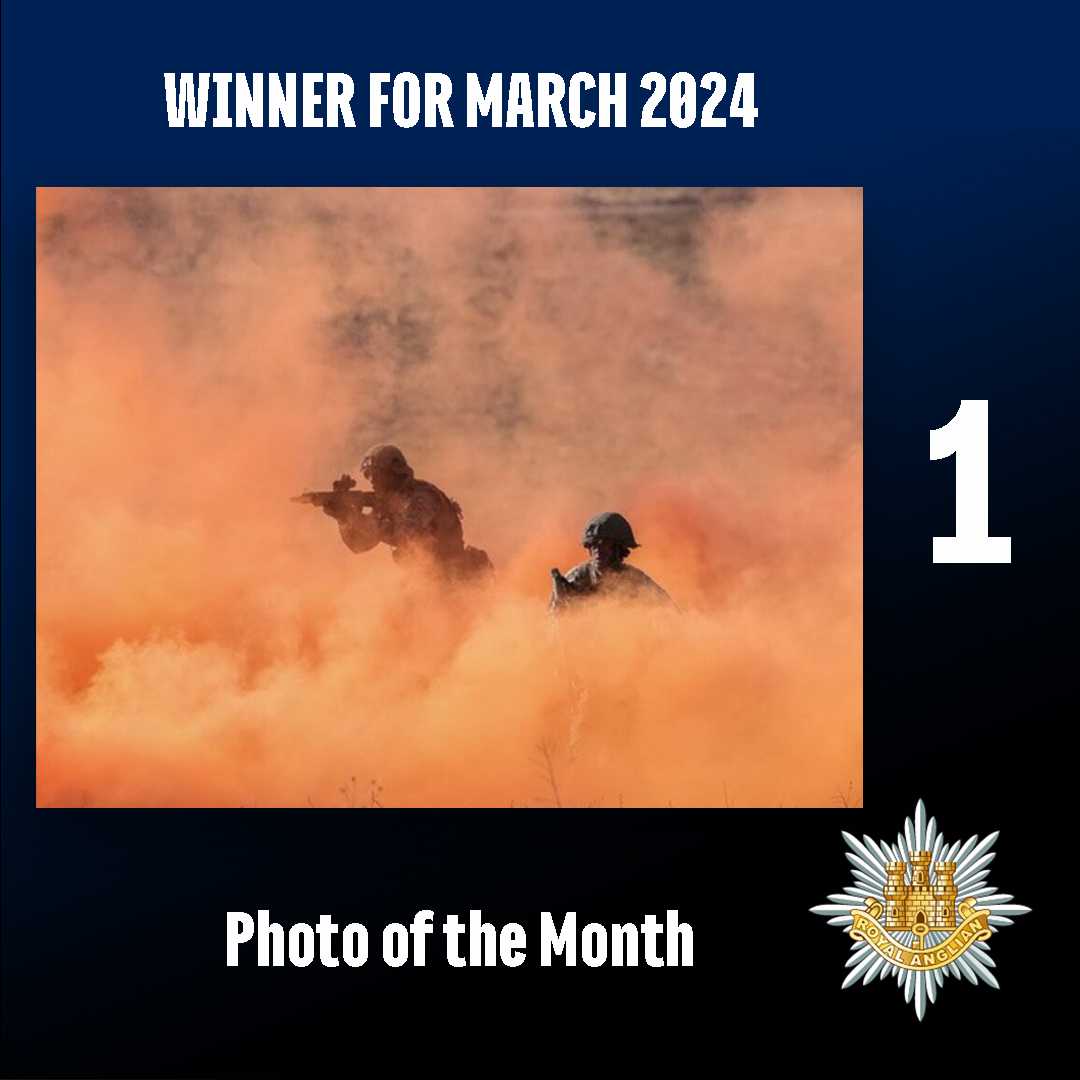 And the winner of the Photo of the Month for March 24 as selected by you was number one. Our 2nd Battalion, Royal Anglian Regiment, operating in Poland, emerging from a coloured smoke screen. Good choice! #RoyalAnglian #strengthfromwithin #Soldier #Army #photooftheday