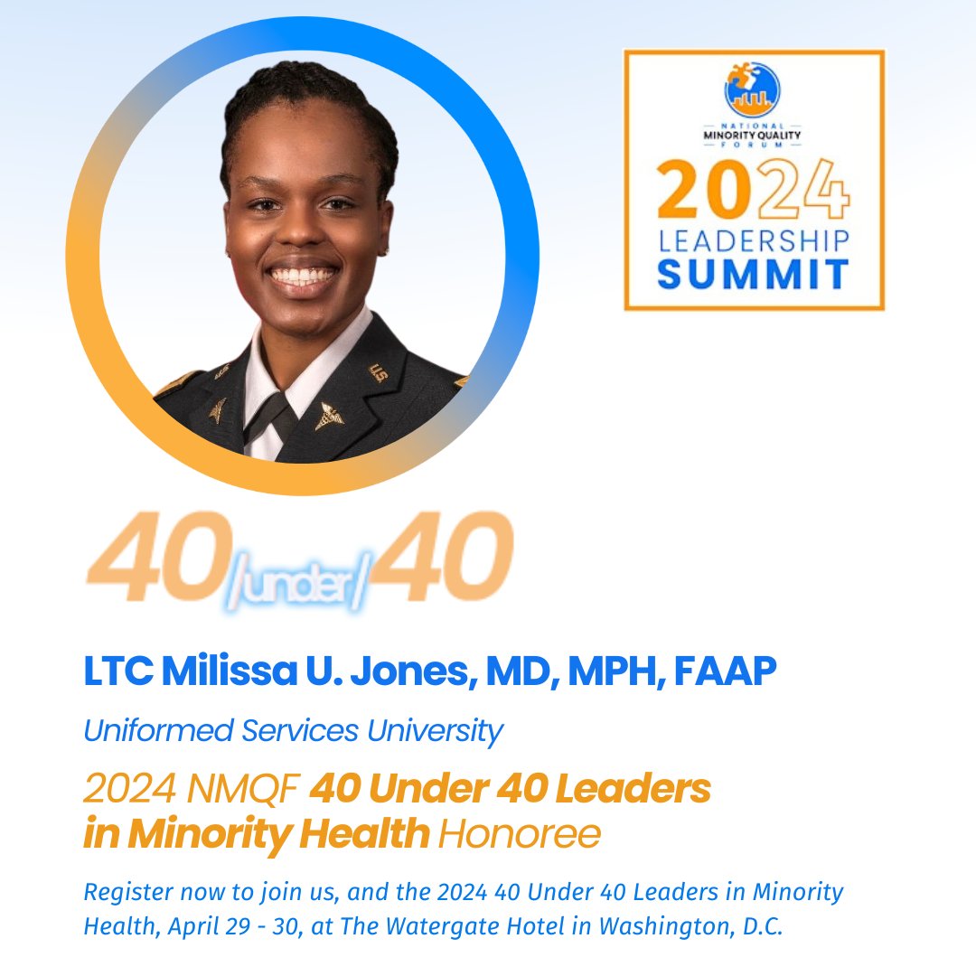 NMQF (@nmqf) on Twitter photo Please welcome LTC Milissa U. Jones, MD, MPH, FAAP, one of our 2024 #NMQF40Under40 Honorees!
Learn more about the NMQF Leaders in Minority Health Awards. nmqf.org/40-under-40/
#NMQFSummit24 <a href="/USUhealthsci/">Uniformed Services University</a> Please welcome LTC Milissa U. Jones, MD, MPH, FAAP, one of our 2024 #NMQF40Under40 Honorees!
Learn more about the NMQF Leaders in Minority Health Awards. nmqf.org/40-under-40/
#NMQFSummit24 <a href="/USUhealthsci/">Uniformed Services University</a>