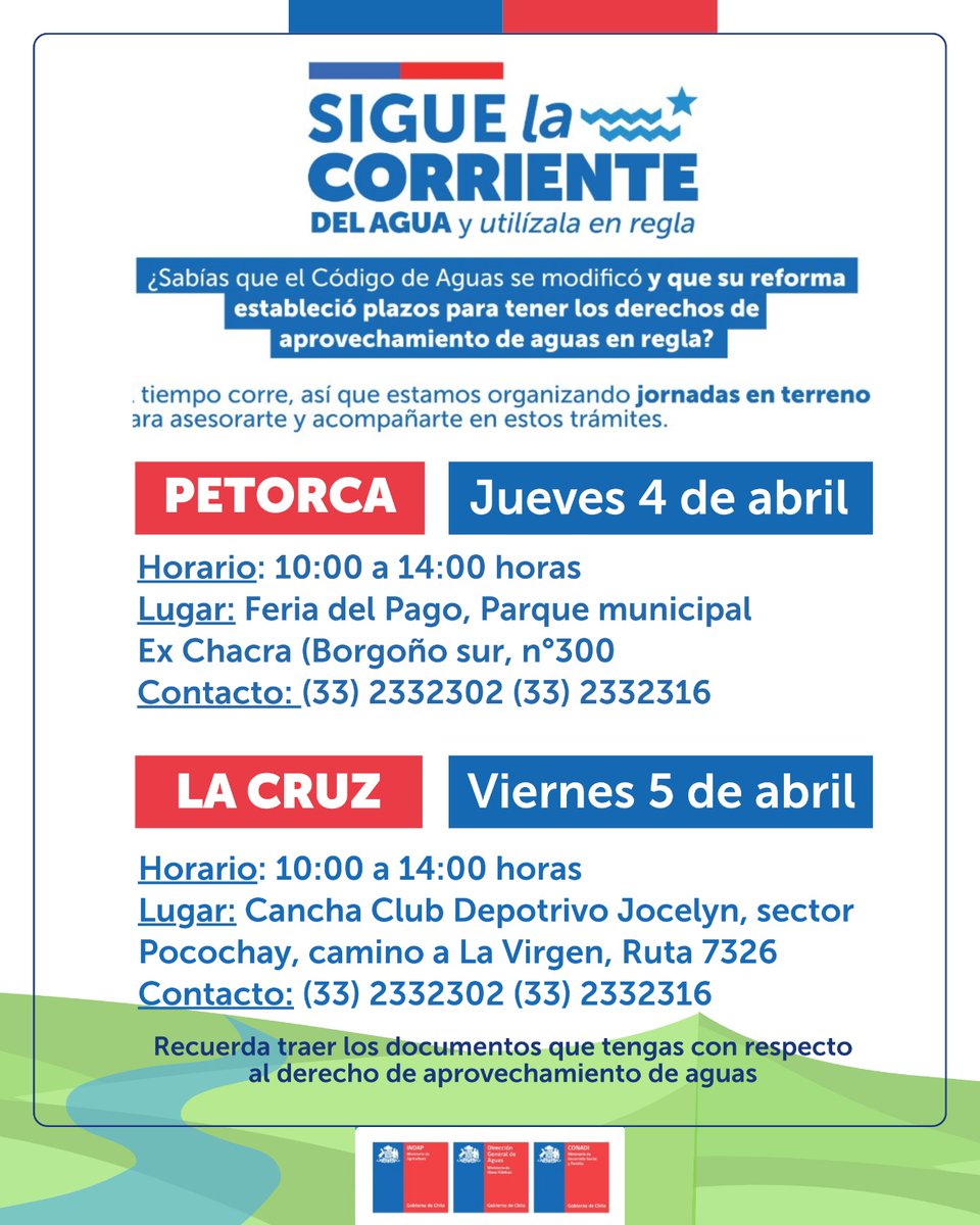 #SiguelaCorriente | ¿Sabías que el Código de Aguas se modificó y que su reforma estableció plazos para tener los derechos de aprovechamiento de agua en regla? Te invitamos a las jornadas de asesorías y capacitación en #Petorca y #LaCruz para que estés informado 👇