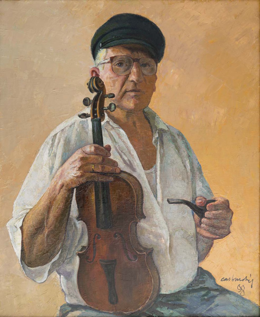 'Bohemi (autorretrat amb gorra, pipa i violí)' Oli sobre tela. Carlos Andrés López del Rey #Carloandrés Eivissa, 1998 fundaciocarloandres.org/obres-art/en-r…