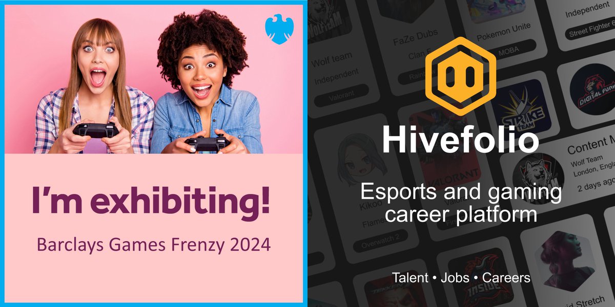 @Hivefolio is excited to be exhibiting at @BarclaysGames & Creative's Games Frenzy this year on 16th May 2024, alongside many great individuals and businesses from the gaming and esports industry! Check out the amazing exhibitors: Waving Bear Studio, Dragon Scale Studios,