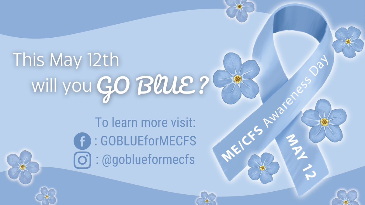 #GoBlueForMECFS is an awareness campaign to wear blue on May 12th #internationalmecfsawarenessday! Our toolkit (on IG &amp; FB) has a text blurb, signs, infographics &amp; more to help create an informative post &amp; tell the world why you're going blue. Will you  GO BLUE with us? #mecfs 🩵