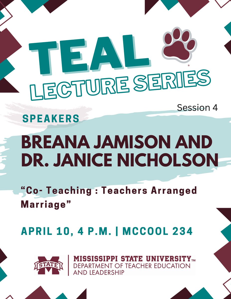 Join us for the next session of the TEAL Lecture series featuring Breana Jamison and Dr. Janice Nicholson. They will discuss 'Co-Teaching: Teachers Arranged Marriage' on April 10 at 4 p.m. in McCool 234. RSVP: buff.ly/3J1uihM